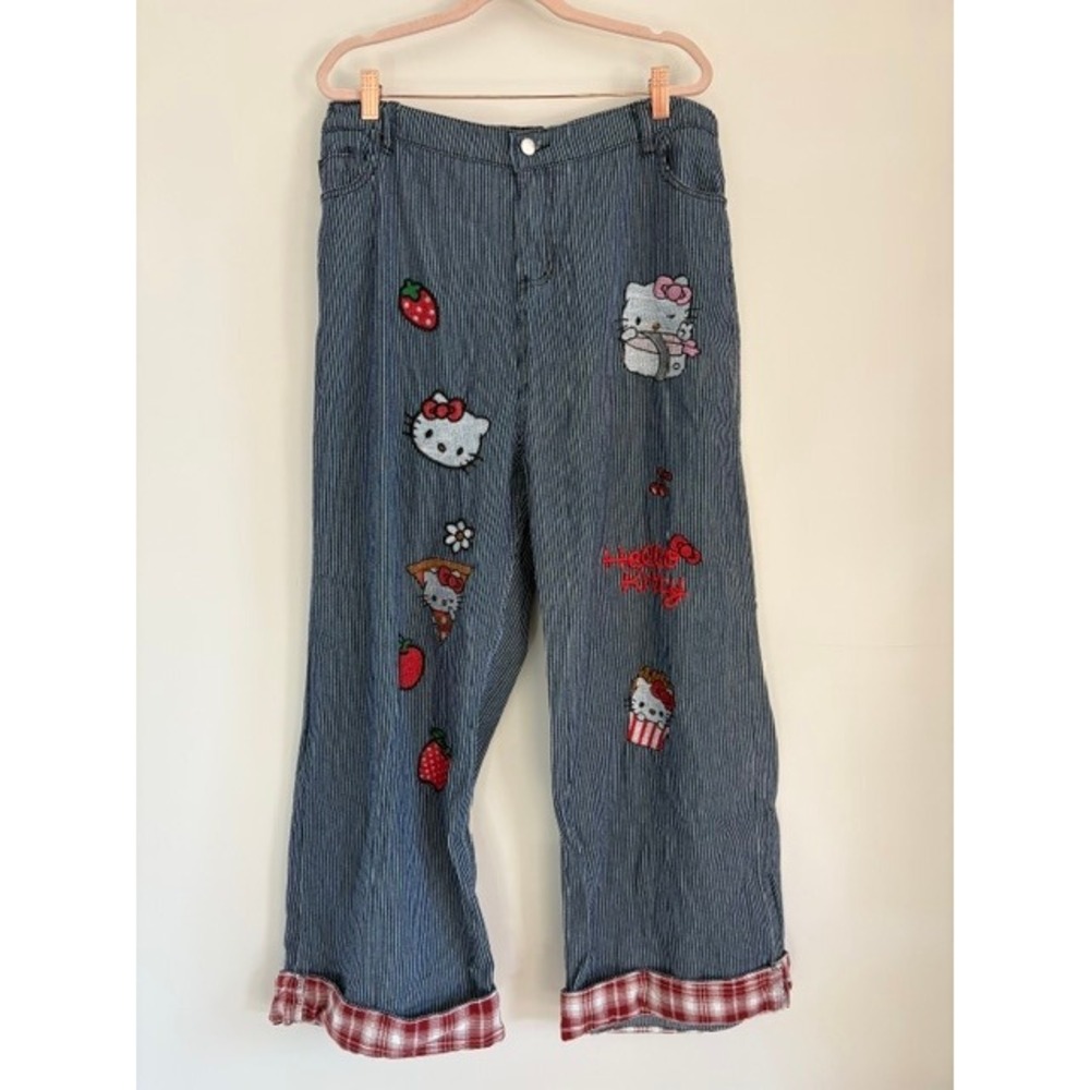Hello Kitty Striped Wide Leg Denim Pants Blue White Plaid Cuffs Patchwork